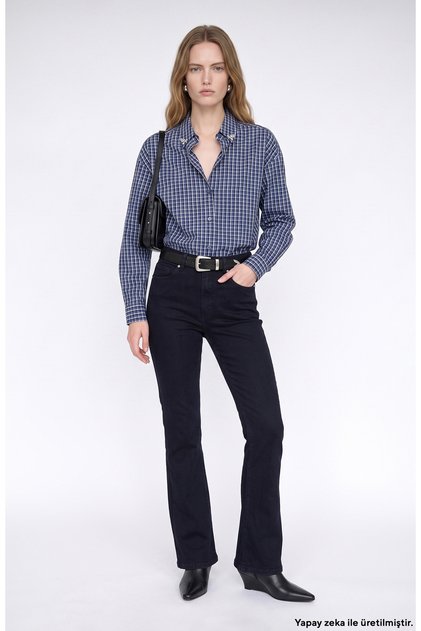 Koyu Lacivert Flare Paça Denim Pantolon