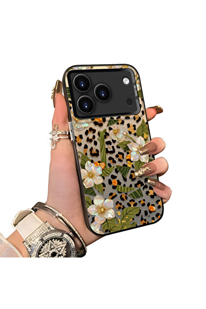 iPhone 17 Pro Max Compatible Aesthetic Floral-Leopard Pattern Case Acrylic Hard Back Silicone Edge