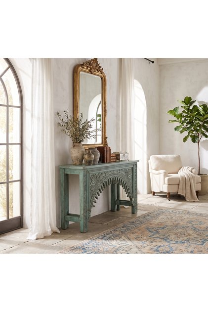 Green Rectangular Console Table Made of Solid Natural Wood, Stylish Design Entrance and Decorative Table-150Cm