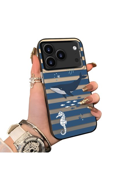 iPhone 17 Pro Max Compatible Sea Creatures Whale Horse Seahorse Patterned Case Acrylic Back Cover Silicone Edge