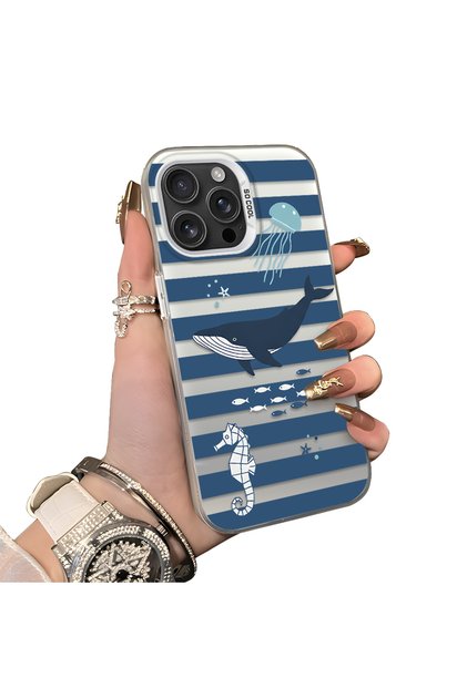 iPhone 16 Pro Compatible Sea Creatures Whale Horse Seahorse Patterned Case Acrylic Back Cover Silicone Edge
