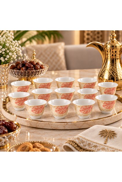 Luxury Porcelain Arabic Coffee Cup Set - 12 Pieces - Beige Design with Elegant Leaf Pattern and Warm Touch for Hospitality