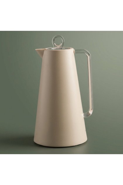 Thermos, 1 liter, glass inner lining, transparent handle, press lid - beige