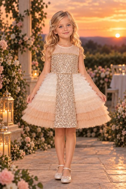 Girl's Beaded and Sequined Roba, Tulle Collar, Layered Ruffle Tulle Skirt, and Bow Detail Dress 3-7 Years Birthday, Special Occasion