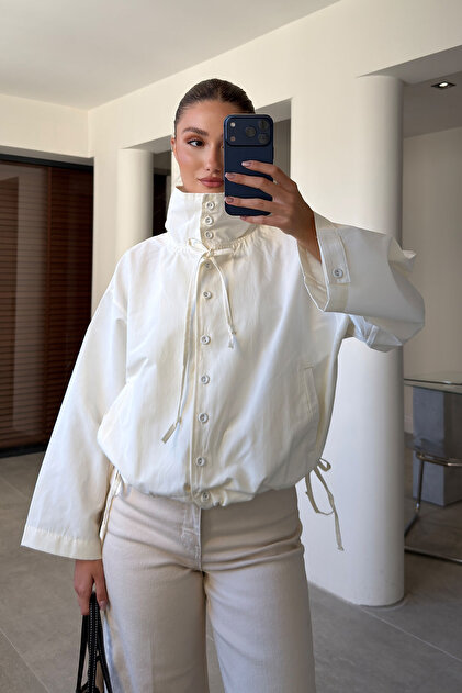 Premium Jacket with High Collar and Tie Detail - Ecru