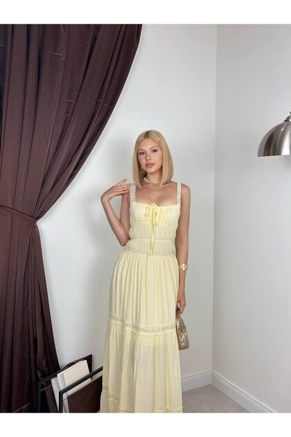 Square neck strappy guipure detailed pleated dress