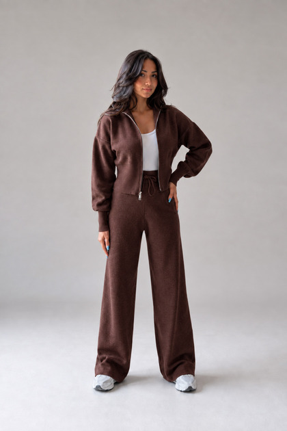 Set de tricotaje pentru femei, maro, cu fermoar dublu, cu mâneci lungi, talie înaltă, pantaloni largi, top și pantaloni.
