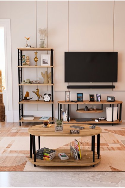 Salon Oturma Odası Takımı Metal Ayaklı Tv Ünitesi Kitaplık Orta Sehpa Avantajlı Mobilya Seti