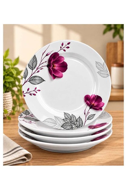 11 Inch Deep Plate Set of 4, Purple Bloom Floral Design Dinner Plates, 28 cm Large Soup Pasta Curry Serving Plates for Home Kitchen Dining,BB1681