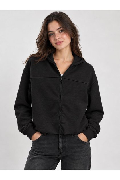 Women's Black Hooded Skirt Balloon Modal Sweatshirt