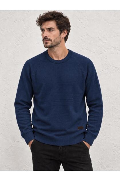 Men's Navy Blue Crew Neck Corspan Rope Basic Knitwear