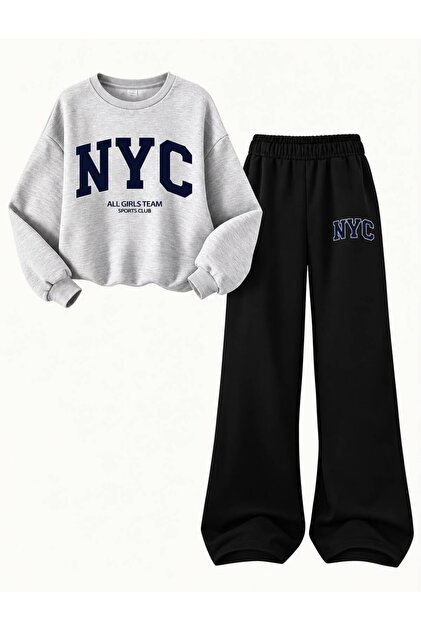 Κοριτσίστικο φούτερ με στάμπα NYC σε γκρι χρώμα - Μαύρο σετ φούτερ με φαρδιά γραμμή
