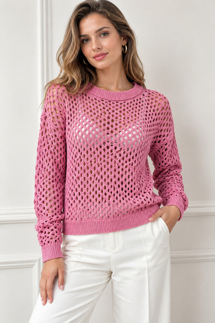 Women's Pink Crew Neck Openwork Knitwear Blouse
