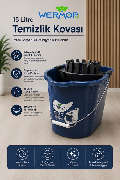 Safir 15 Litre Temizlik Kovası Sıkma Aparatlı Mop Kovası - Lacivert