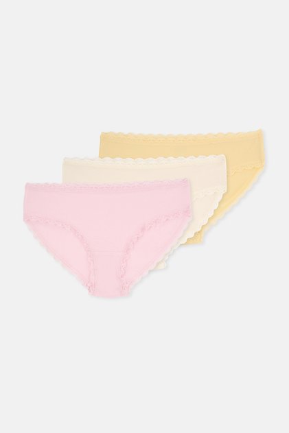 Pembe-Sarı 3'lü Bel Ve Paça Dantel Detaylı Düz Hipster Külot