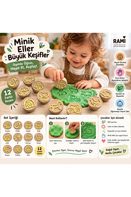 12 Parça Çiftlik Hayvanları Oyun Hamuru Damga Seti | Hayvan Figürlü Baskı Kalıpları | Montessori Duyusal Oyun 3+ Yaş