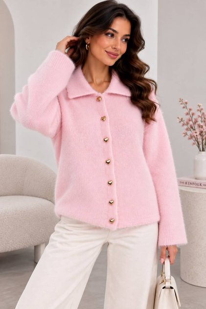 Women's Shirt Collar 7 Heart Gold Buttoned Long Furry Embroidered Knitwear Jacket