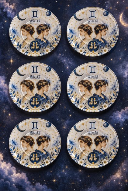 Set of 6 Glass Tea Plates – Gemini Sign and Cosmic Theme – 6 Tea Plates