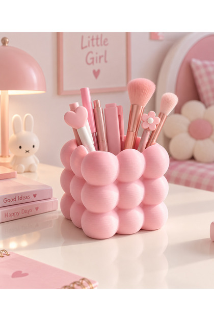Bubble Cube Pen Holder and Makeup Brush Holder – 3D Printed Decorative Organizer – Beige, White, Pink – 10X10X9 cm