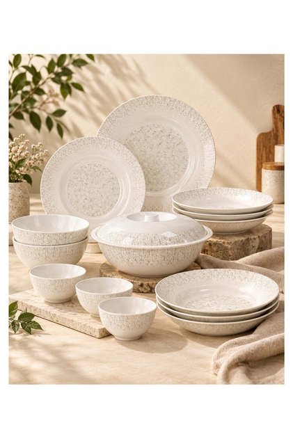 12 Pcs Melamine Dinnerware Set for 4, 10 Inch Deep & Flat Plates, 8.5 Inch Bowls, 5 Inch Bowls & Covered 10 Inch Serving Bowl, White