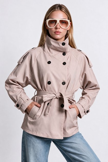 High Collar Belted Trench Coat Lgx0020 Cream