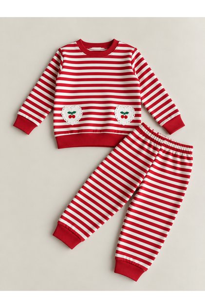 Girl's Embroidered Cherry Striped Suit