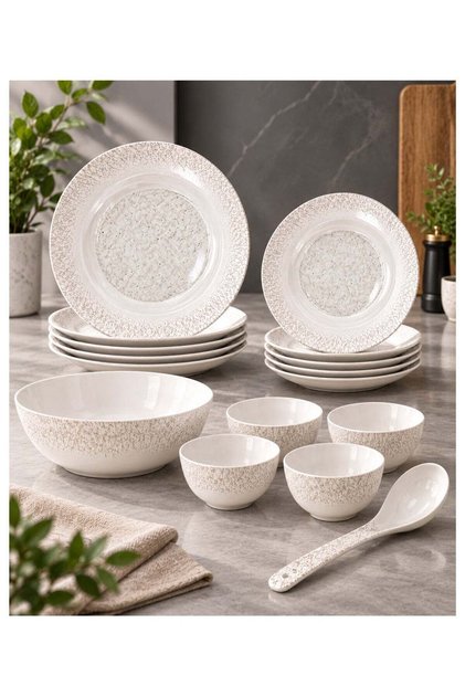 14 Pcs Melamine Dinner Set for 4 | Lightweight Dinnerware Set with 10" & 8" Deep Plates, 8.5" Bowl, 4.5" Bowls & 9" Ladle | White Elegant Dining Set