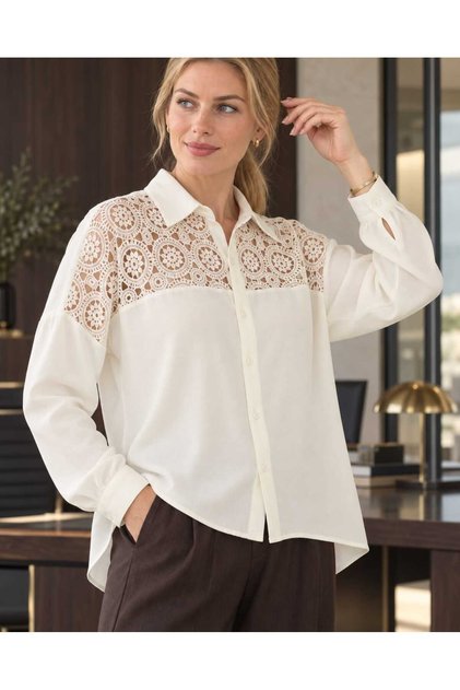Women's Ecru Lace Detailed Shirt Stylish Office Blouse with Panels