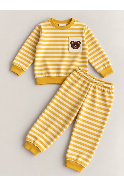 Boy's Embroidered Striped Suit with Teddy Bear Motif