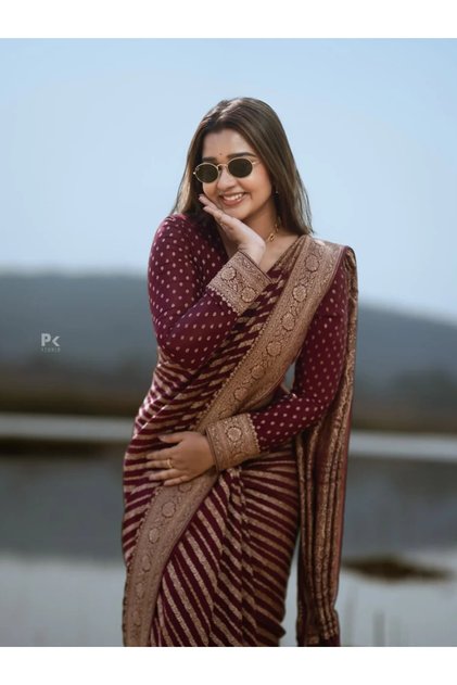 Maroon Silk Saree with Gold Zari Border & Polka Dot Blouse-MAF3154-Size-0