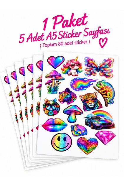 LAK BASKI Renkli Hologram Sticker Seti 5li A5 Toplam 80 adet