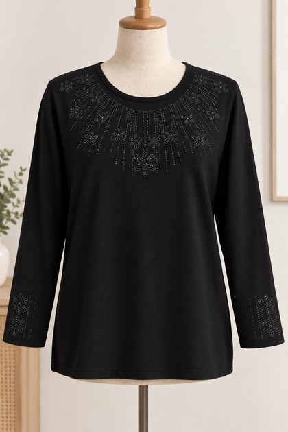 Luxury Mother's Combed Cotton Blouse with Stone Embellishments on Collar and Sleeves