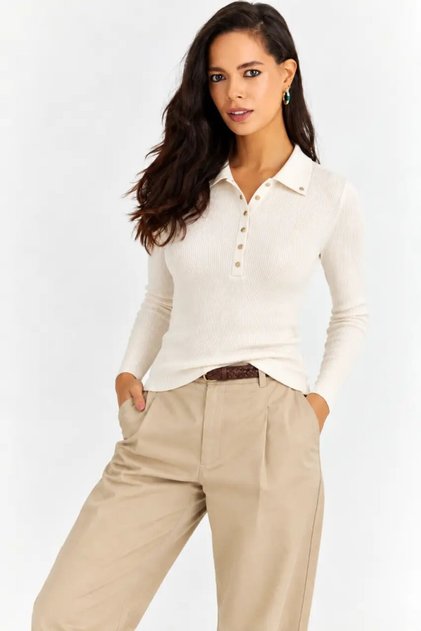 Women's Ecru Polo Collar Buttoned Long Sleeve Ribbed Knitwear Blouse