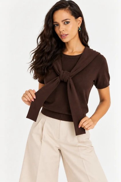 Women's Brown Knitwear Blouse with Shoulder Tie and Shawl Detail, Short Sleeves, Crew Neck