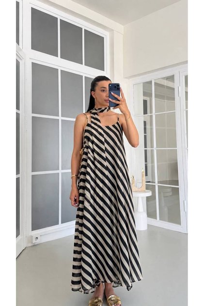 Women's Beige Striped Long Chiffon Dress with Scarf