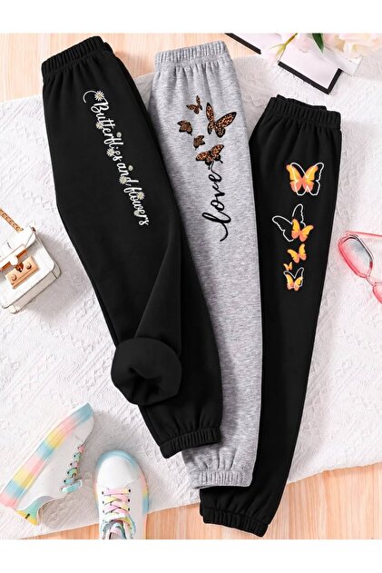 Girl's 3-Pack Love-Butterflies Printed 2-Yarn Ruffled Sweatpants (Black-Grey-Black)