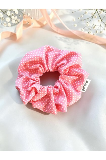 Poppy Dot Scrunchie Polka Dot Handmade Fabric Hair Tie Salmon Pink / Baby Blue