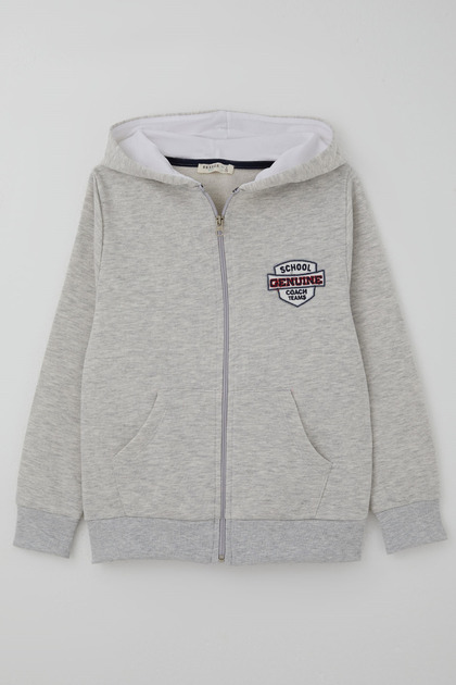 Boy's Hooded Cardigan with Zipper and Embroidered Emblem Detail, 8-12 Years Old, Light Gray Melange