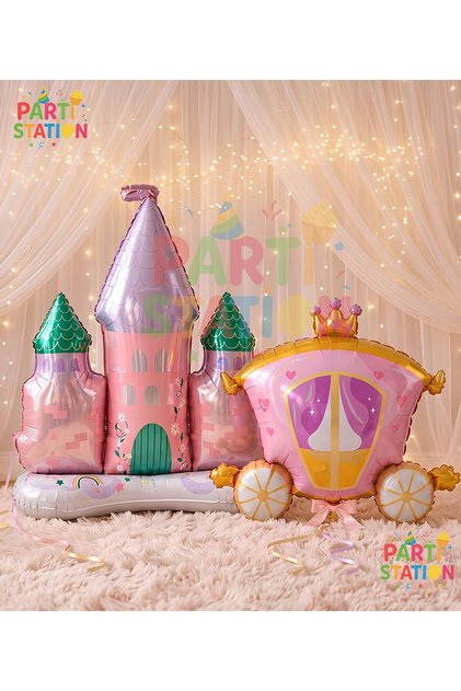 Pembe Prenses Arabası ve Prenses Şatosu Folyo Balon 2 Parça Prenses Konsept Balon Set