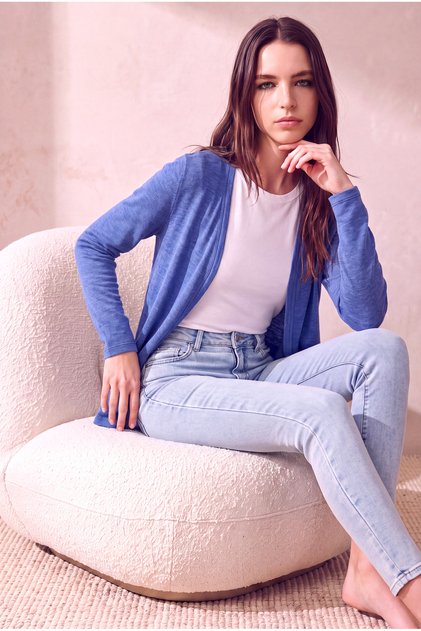Women's Viscose Blended Blue Melange Long Sleeve Open Front Cardigan Esther