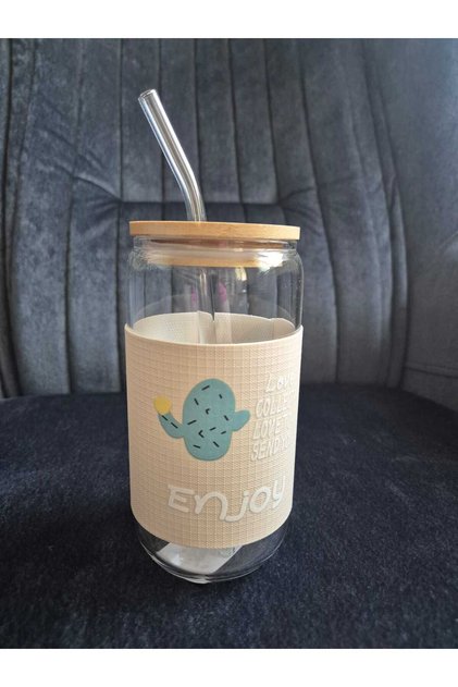 Glass with Straw, Heat-Resistant Bamboo Lid, 550ml Glass Cup, Soft Drink Cup, Cactus Patterned