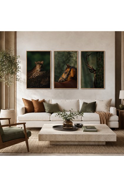 Leopar At Geyik Vahşi Doğa 3 Parça Çerçeveli Dekoratif Duvar Tablosu - R0189