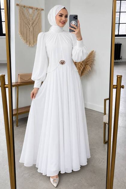 Brooch Detailed Draped White Hijab Evening Dress 5747B