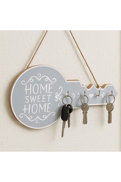 Suport pentru chei din lemn, forma de cheie cu 4 carlige, gri, 30x17 cm, decorativ perete