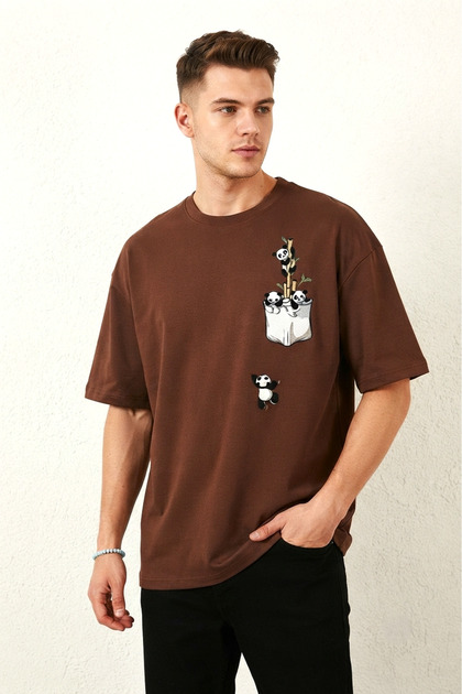 Panda Printed - Top Quality Cotton Fabric Oversize Simit Collar Short Sleeve T-Shirt Brown