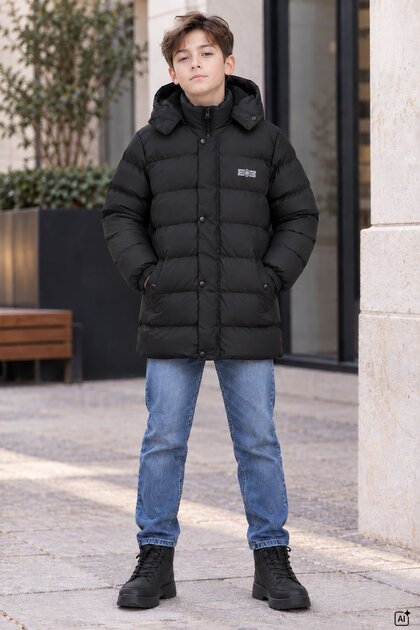 Black Boy's Fur Lined Inflatable Coat with Removable Hood and Snap Closure 24895
