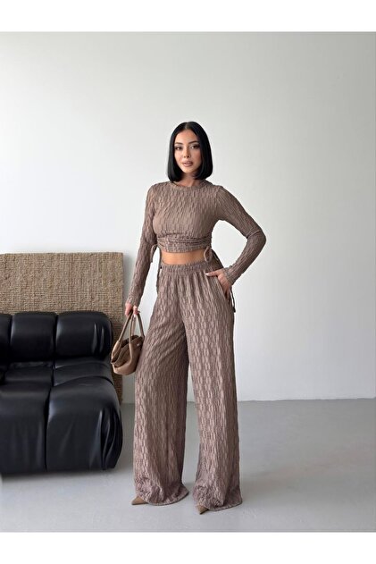 Women's Crew Neck Side Gathered Blouse and Wide Leg Pants Set