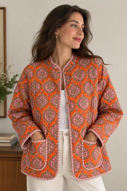 Studio Orange Pink Shawl Patterned Cotton Quilted Jacket