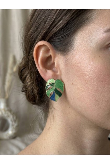 Nature Themed Green Blue Leaf Figured Gold Earrings