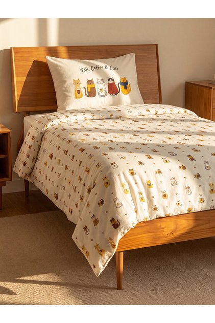 Alita City Farkıyla Lcw Home Mixed Cat Pattern Cotton Single Duvet Cover Set